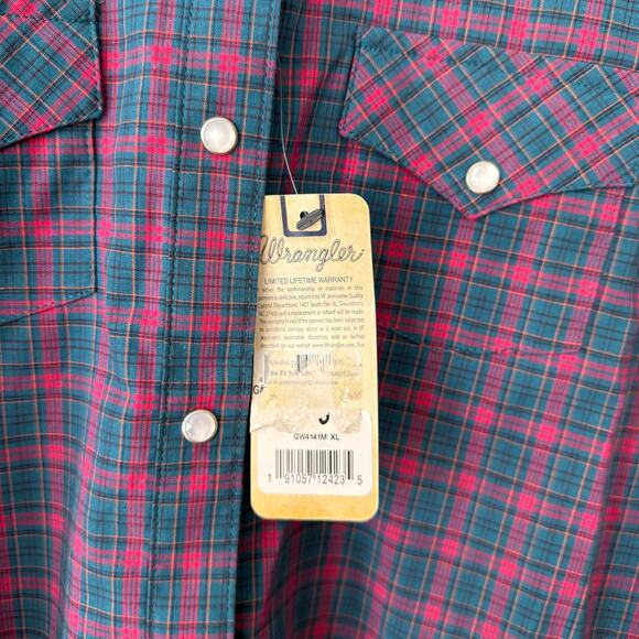 Wrangler Button Down Western Shirt Pearl Snap Plaid Navy Pink Girls XL Rodeo - Picture 8 of 12